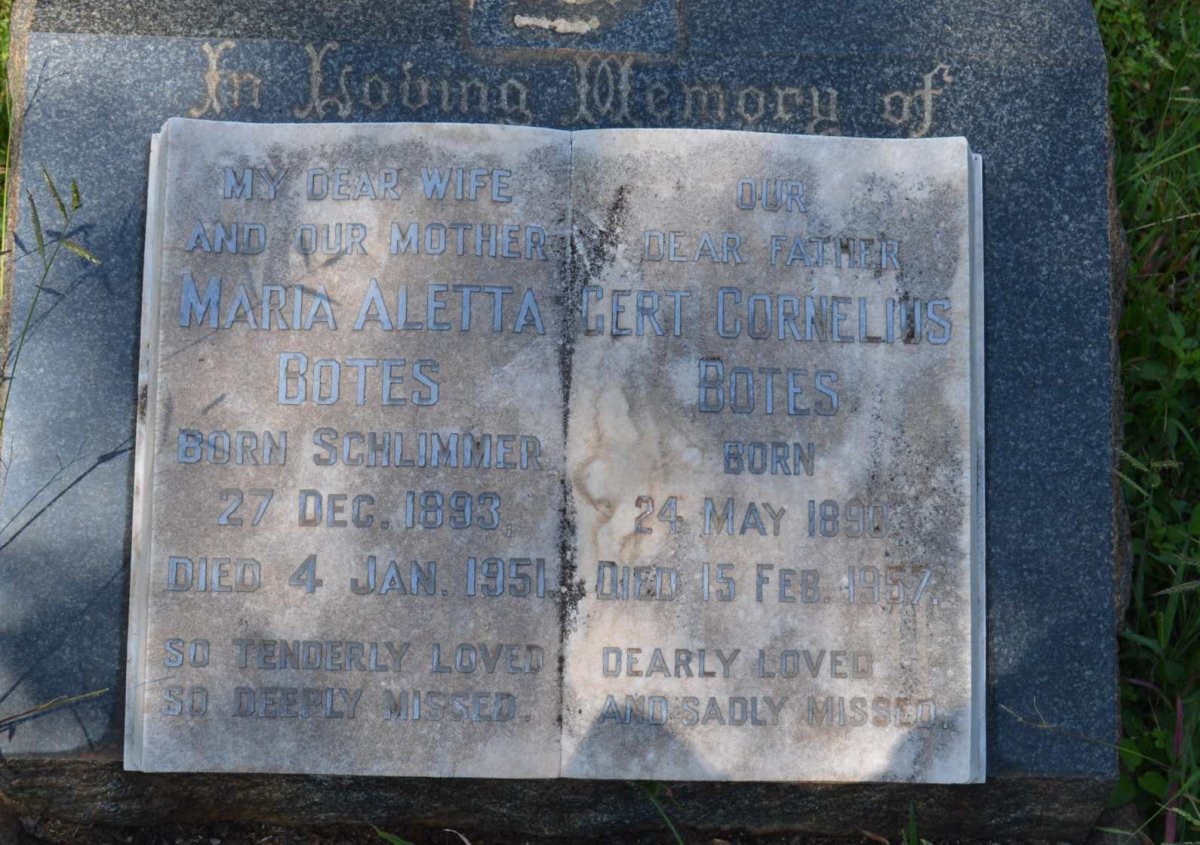 BOTES Gert Cornelius 1890-1957 &amp; Maria Aletta SCHLIMMER 1893-1951