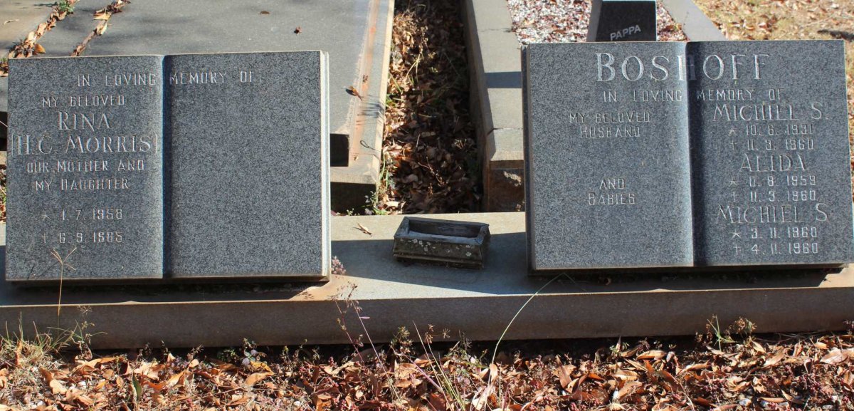 BOSHOFF Michiel S. 1931-1960 :: BOSHOFF Alida 1959-1960 :: BOSHOFF Michiel S. 1960-1960 :: MORRIS H.C. 1958-1965