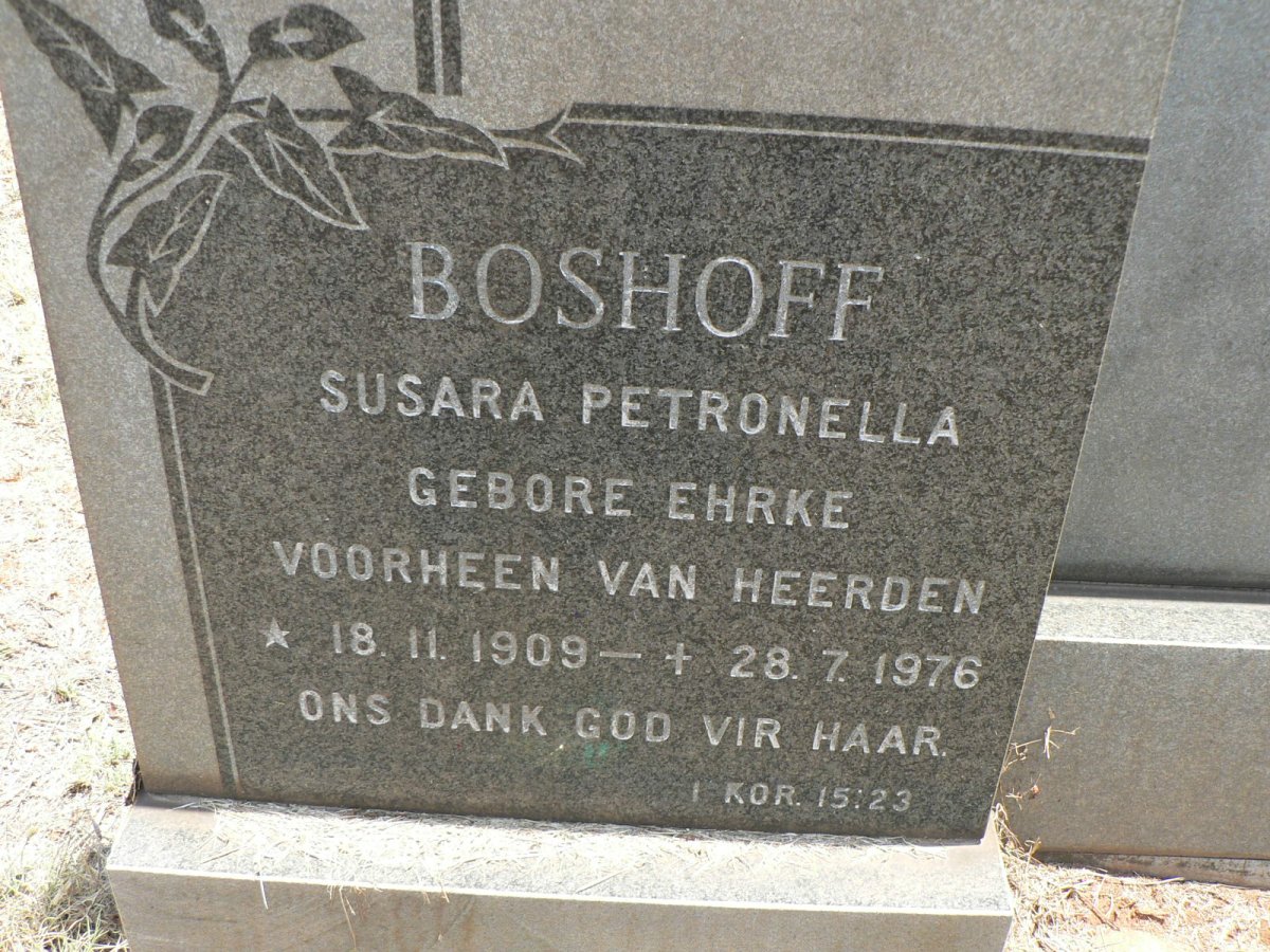 BOSHOFF Susara Petronella voorheen VAN HEERDEN nee EHRKE 1909-1976