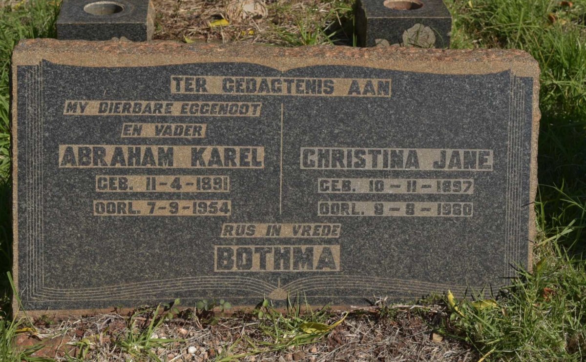 BOTHMA Abraham Karel 1891-1954 &amp; Christina Jane 1897-1980