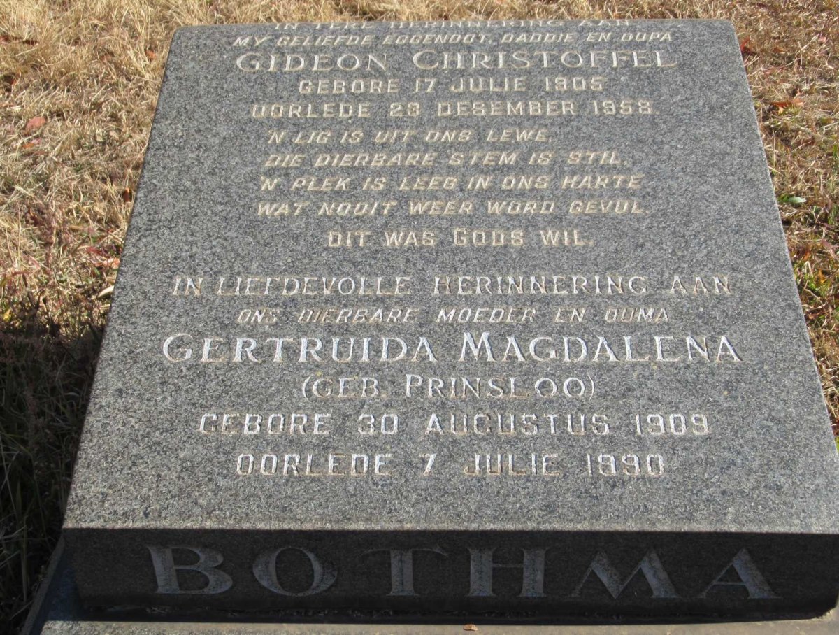BOTHMA Gideon Christoffel 1905-1958 &amp; Gertruida Magdalena PRINSLOO 1909-1990