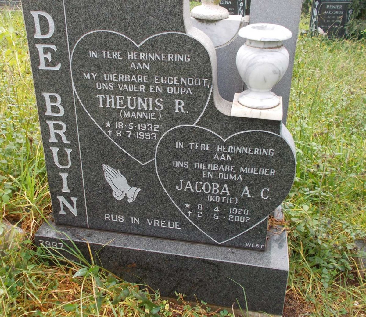 BRUIN Theunis R., de 1932-1993 &amp; Jacoba A.C. 1920-2002