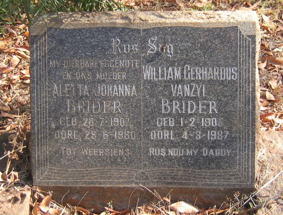 BRIDER William Gerhardus van Zyl 1905-1987 &amp; Aletta Johanna 1907-1960