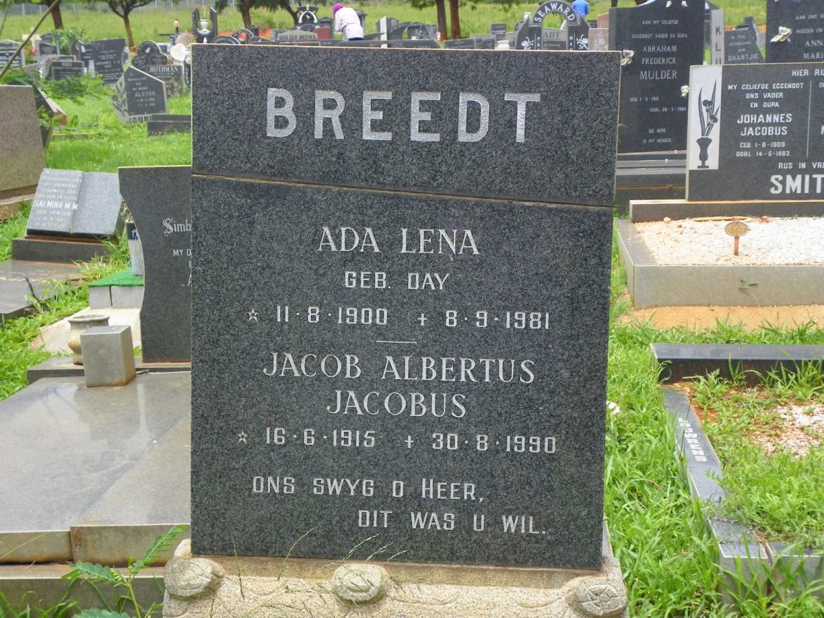 BREEDT Jacob Albertus Jacobus 1915-1990 &amp; Ada Lena DAY 1900-1981