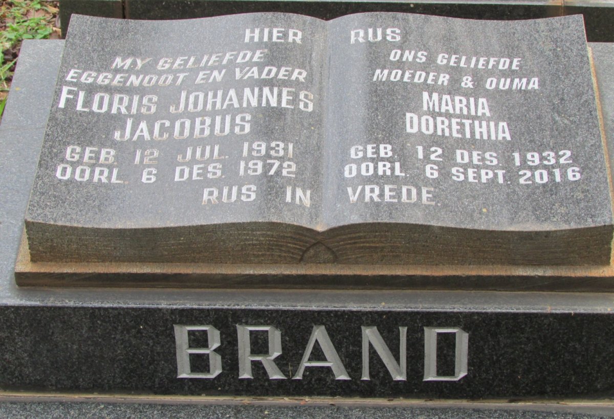 BRAND Floris Johannes Jacobus 1931-1972 &amp; Maria Dorethia 1932-2016