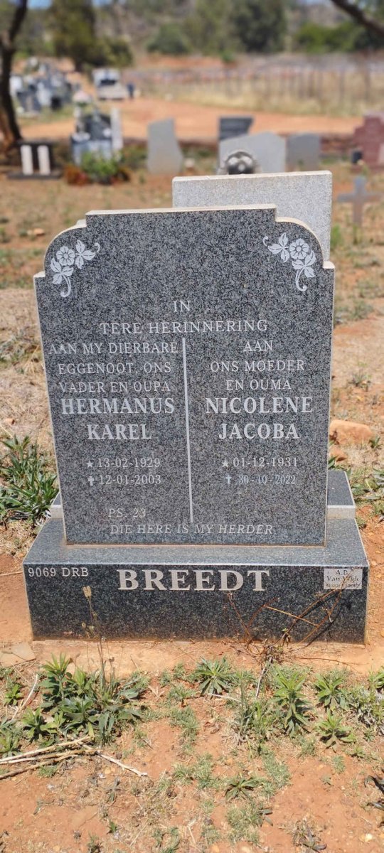 BREEDT Hermanus Karel 1929-2003 & Nicolene Jacoba 1931-2022