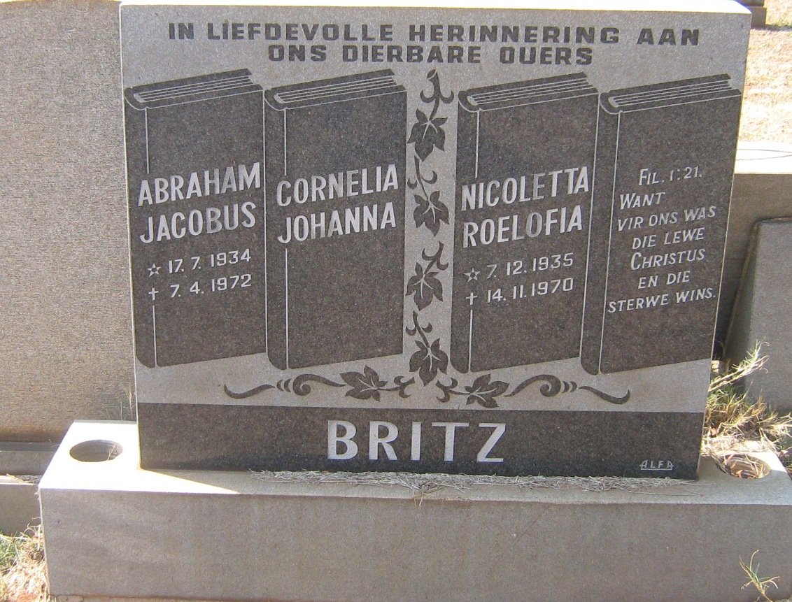 BRITZ Abraham Jacobus 1934-1972 &amp; Nicoletta Roelofia 1935-1970