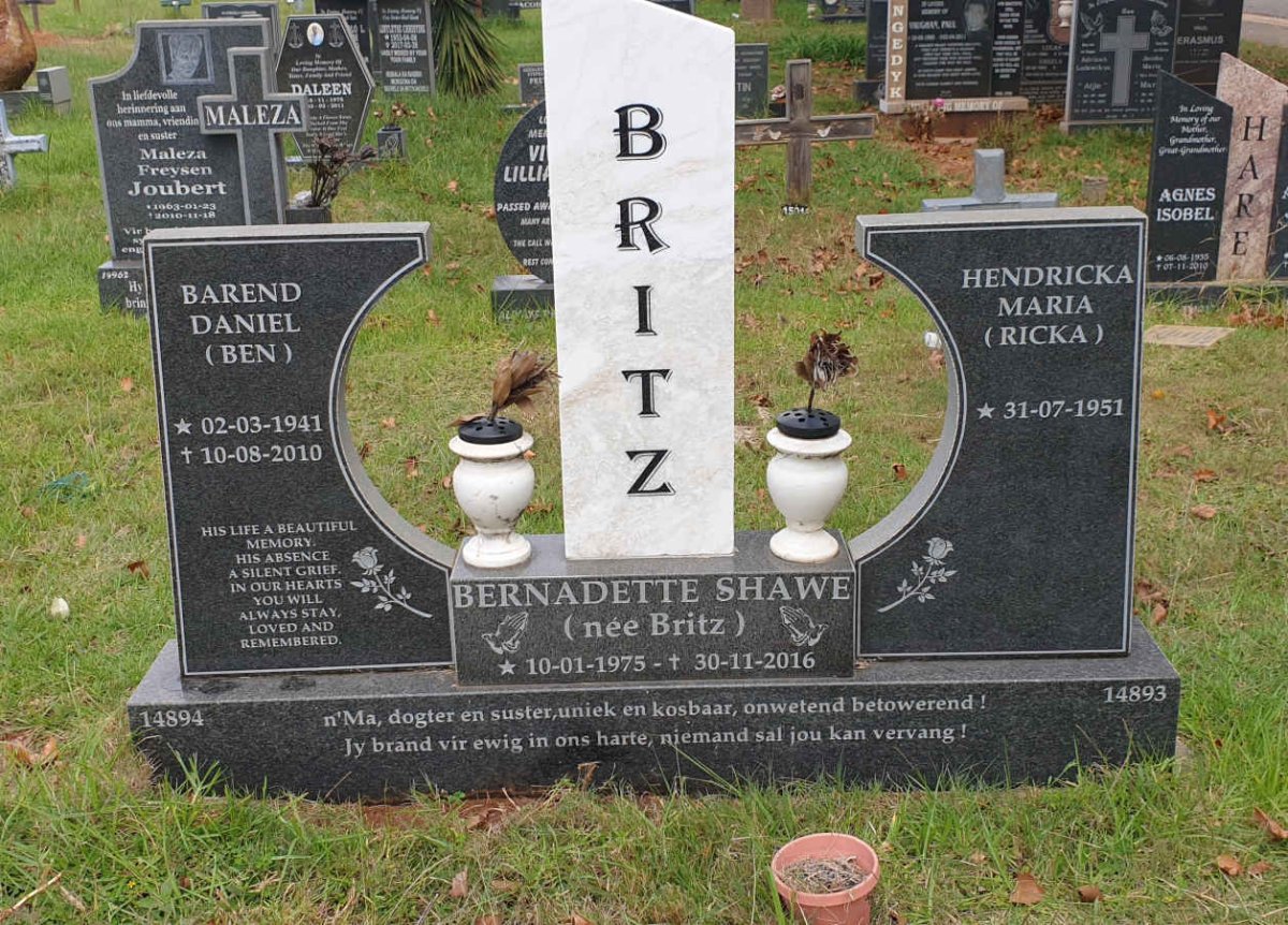 BRITZ Barend Daniel 1941-2010 & Hendricka Maria 1951- :: SHAWE Bernadette BRITZ 1975-2016