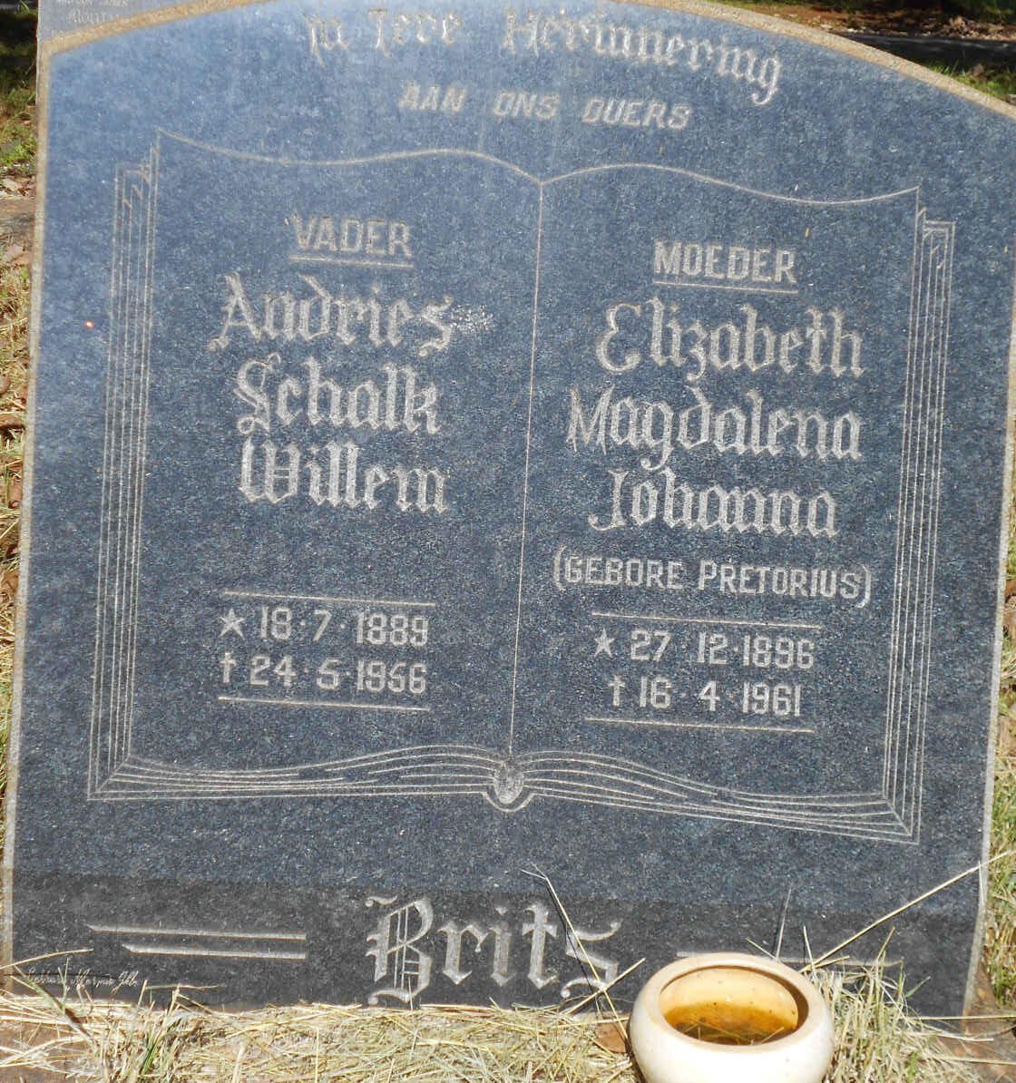 BRITS Andries Schalk Willem 1889-1956 &amp; Elizabeth Magdalena Johanna PRETORIUS 1896-1961