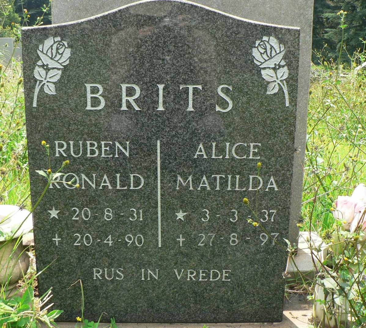 BRITS Ruben Ronald 1931-1990 &amp; Alice Matilda 1937-1997
