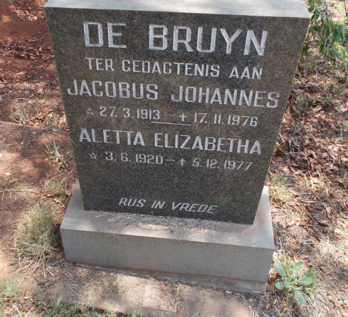 BRUYN Jacobus Johannes, de 1913-1976 &amp; Aletta Elizabetha 1920-1977