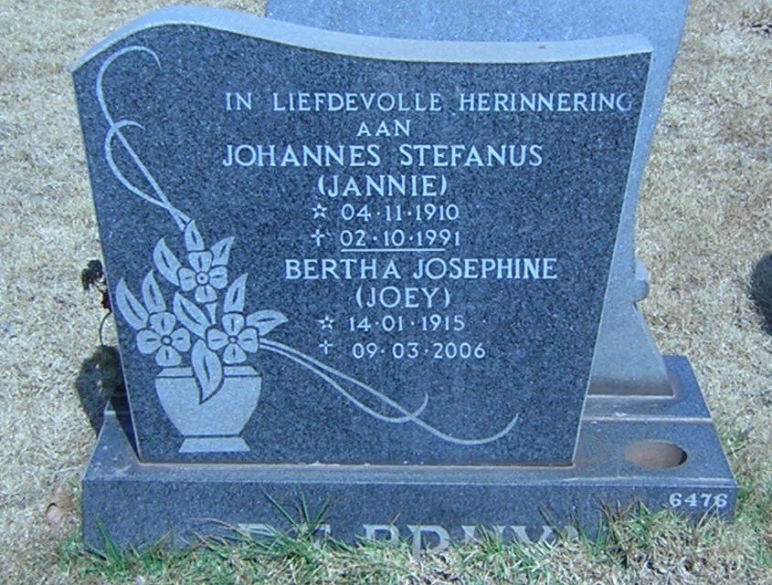 BRUYN Johannes Stefanus, de 1910-1991 &amp; Bertha Josephine 1915-2006
