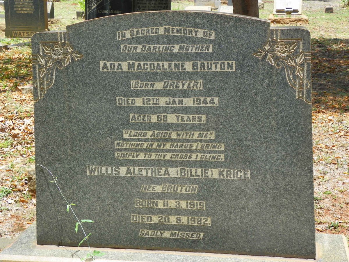 BRUTON Ada Magdalene nee DREYER -1944 :: KRIGE Willis Alethea nee BRUTON 1919-1982
