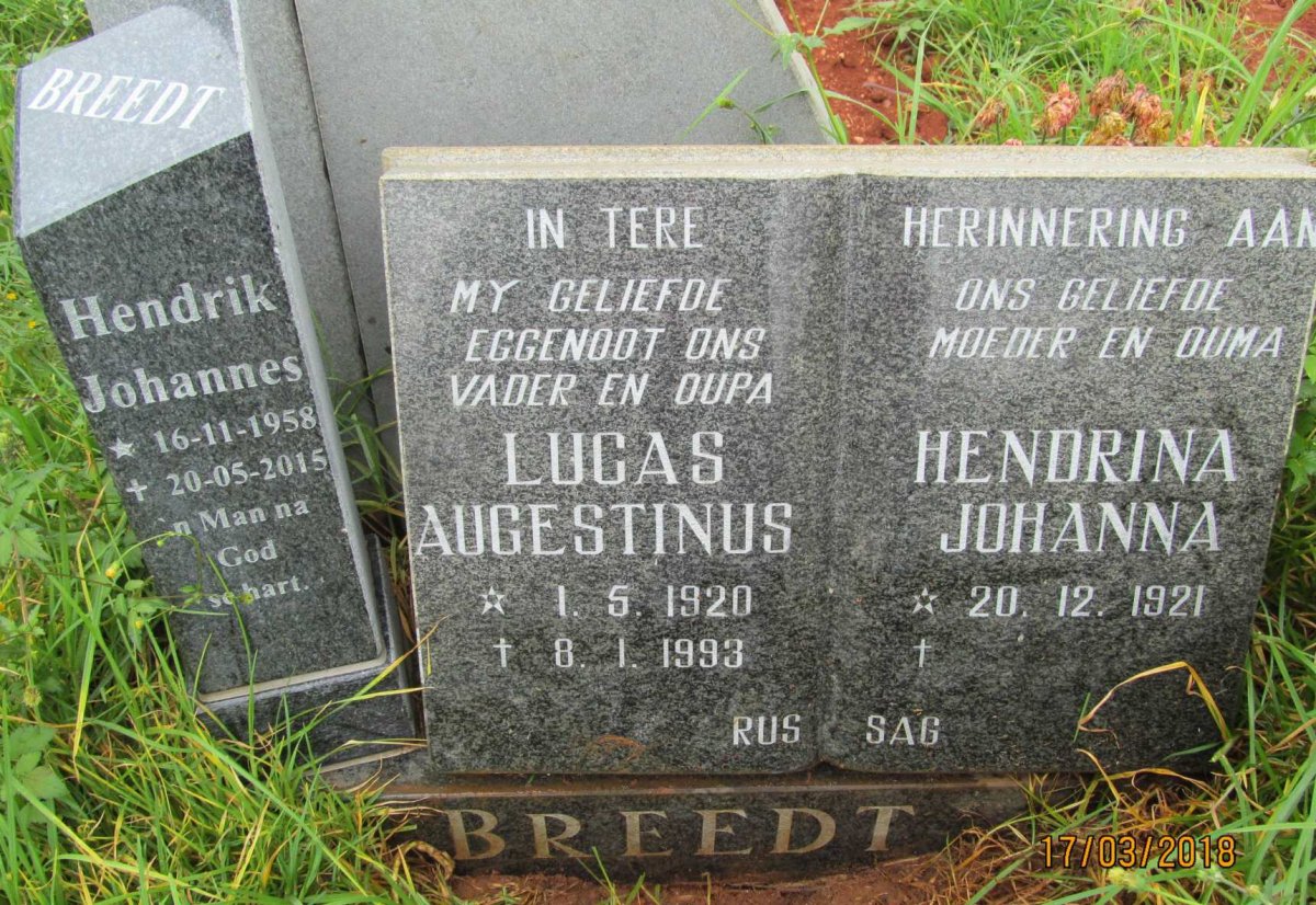 BREEDT Lucas Augestinus 1920-1993 &amp; Hendrina Johanna 1921- :: BREEDT Hendrik Johannes  1958-2015