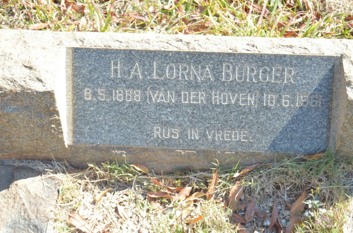 BURGER H.A. Lorna nee VAN DER HOVEN 1888-1961