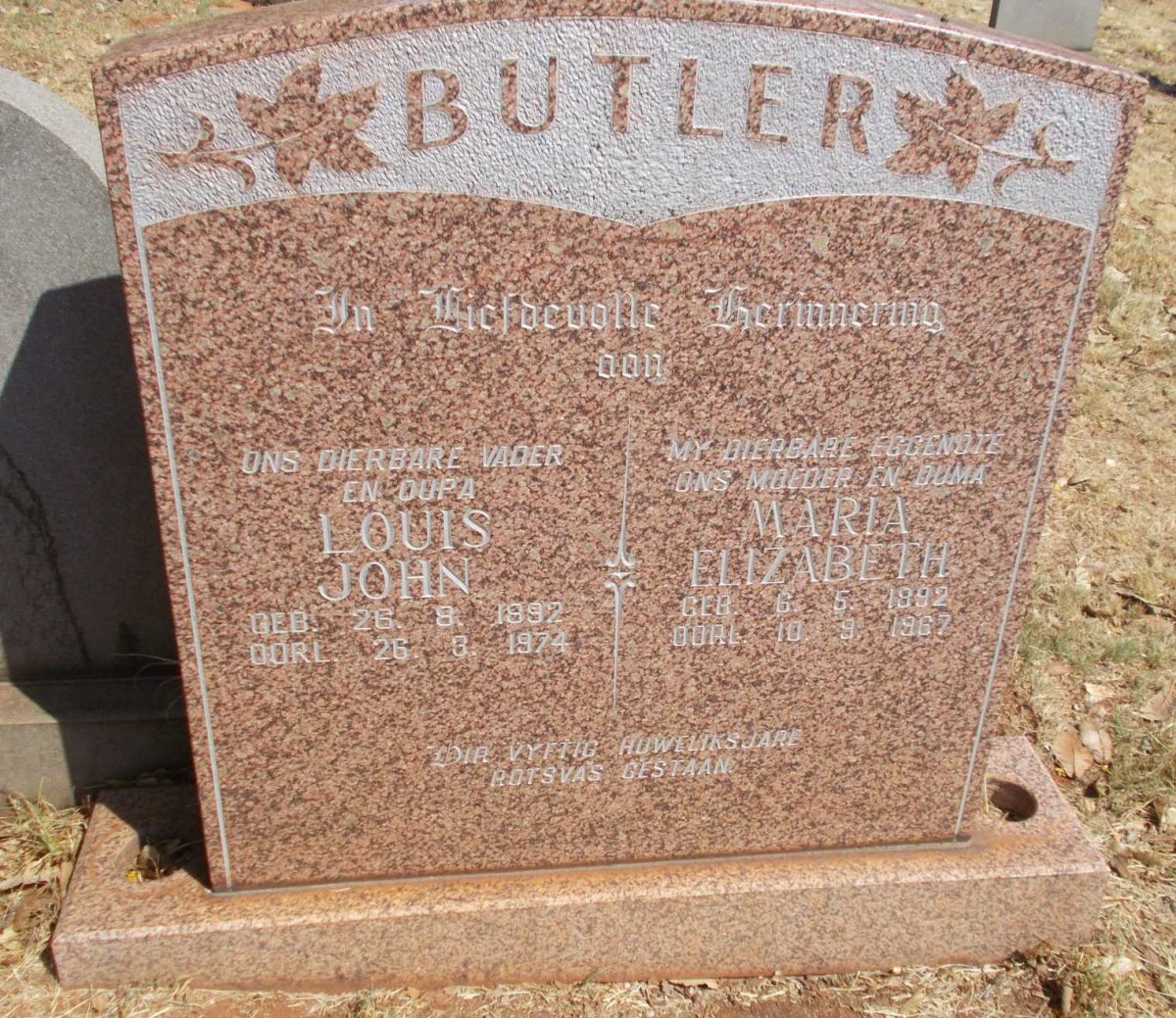 BUTLER Louis John 1892-1974 &amp; Maria Elizabeth 1892-1967