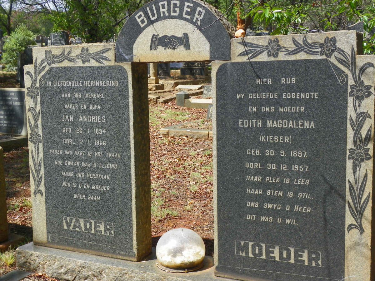 BURGER Jan Andries 1894-1966 &amp; Edith Magdalena KIESER 1897-1957