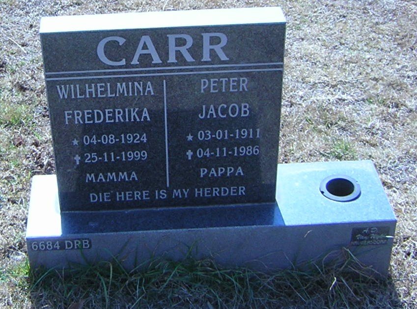 CARR Peter Jacob 1911-1986 &amp; Wilhelmina Frederika 1924-1999
