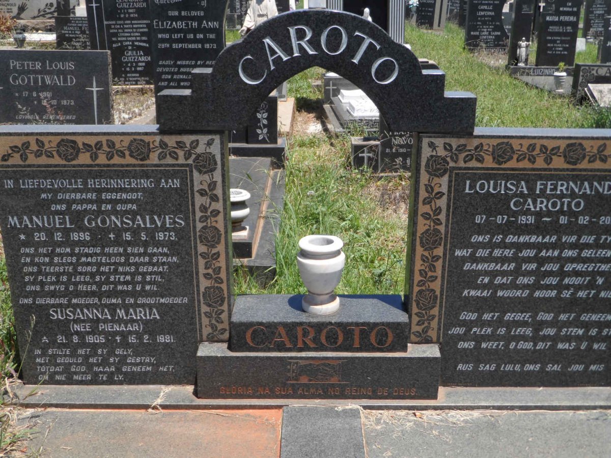 CAROTO Manuel Gonsalves 1896-1973 &amp; Susanna Maria PIENAAR 1905-1981
