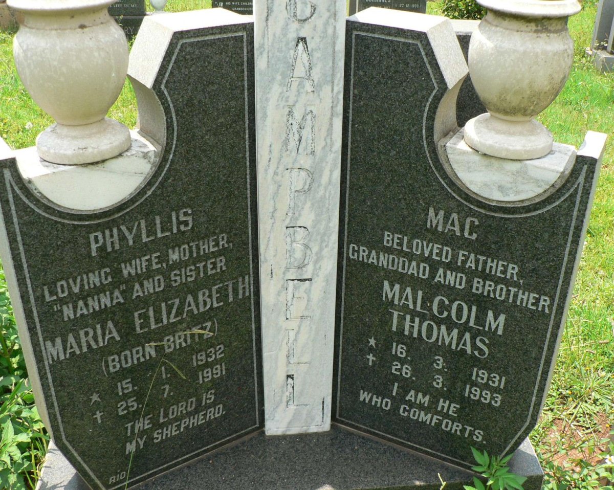 CAMPBELL Malcolm Thomas 1931-1993 &amp; Maria Elizabeth BRITZ 1932-1991