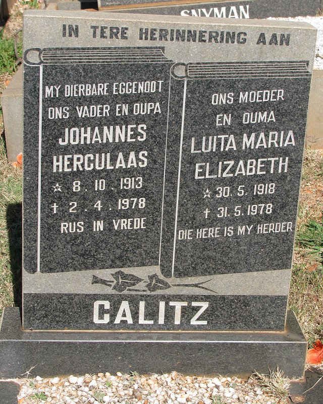 CALITZ Johannes Herculaas 1913-1978 &amp; Luita Maria Elizabeth 1918-1978