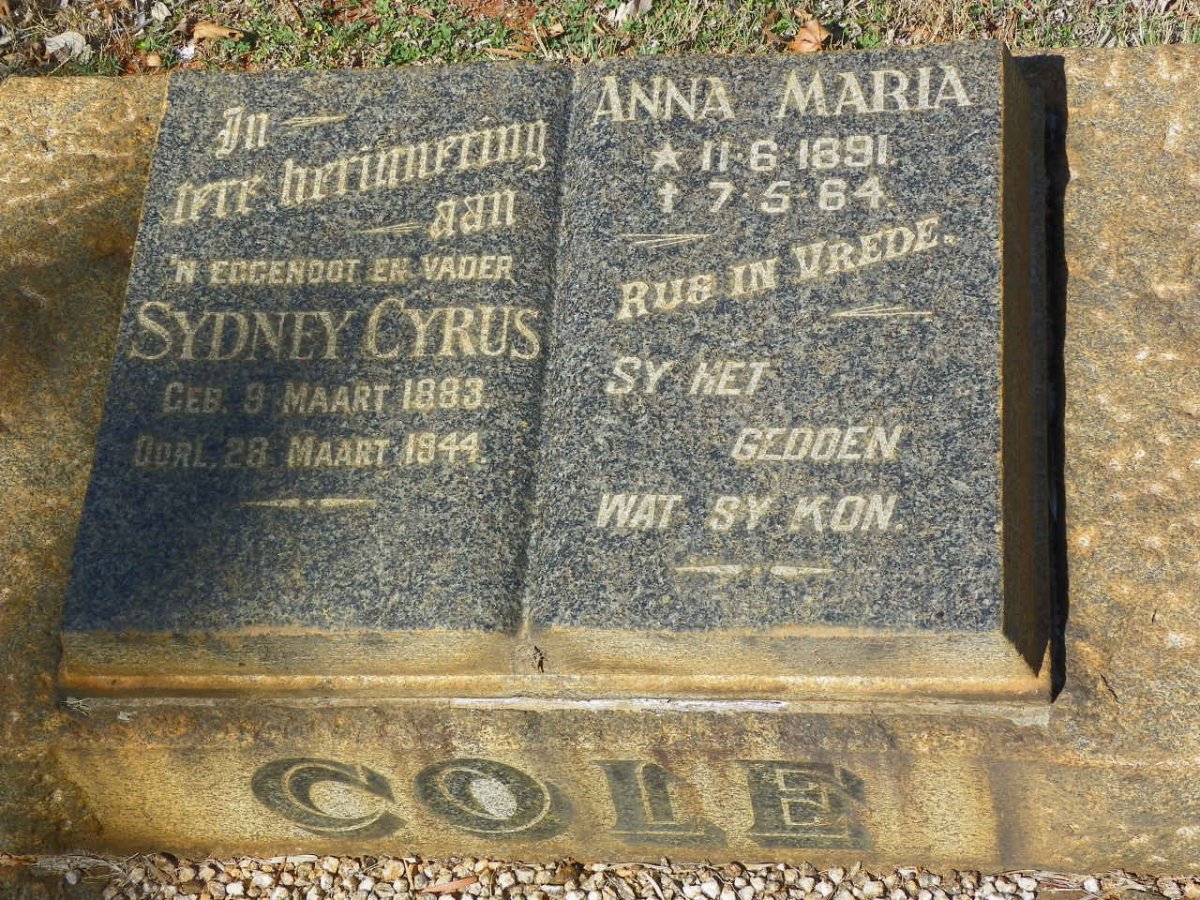 COLE Sydney Cyrus 1883-1944 &amp; Anna Maria 1891-1964