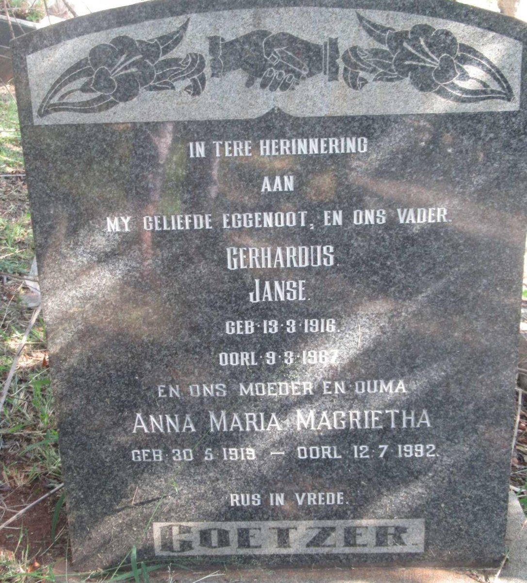 COETZER Gerhardus Janse 1916-1967 &amp; Anna Maria Magrietha 1919-1992