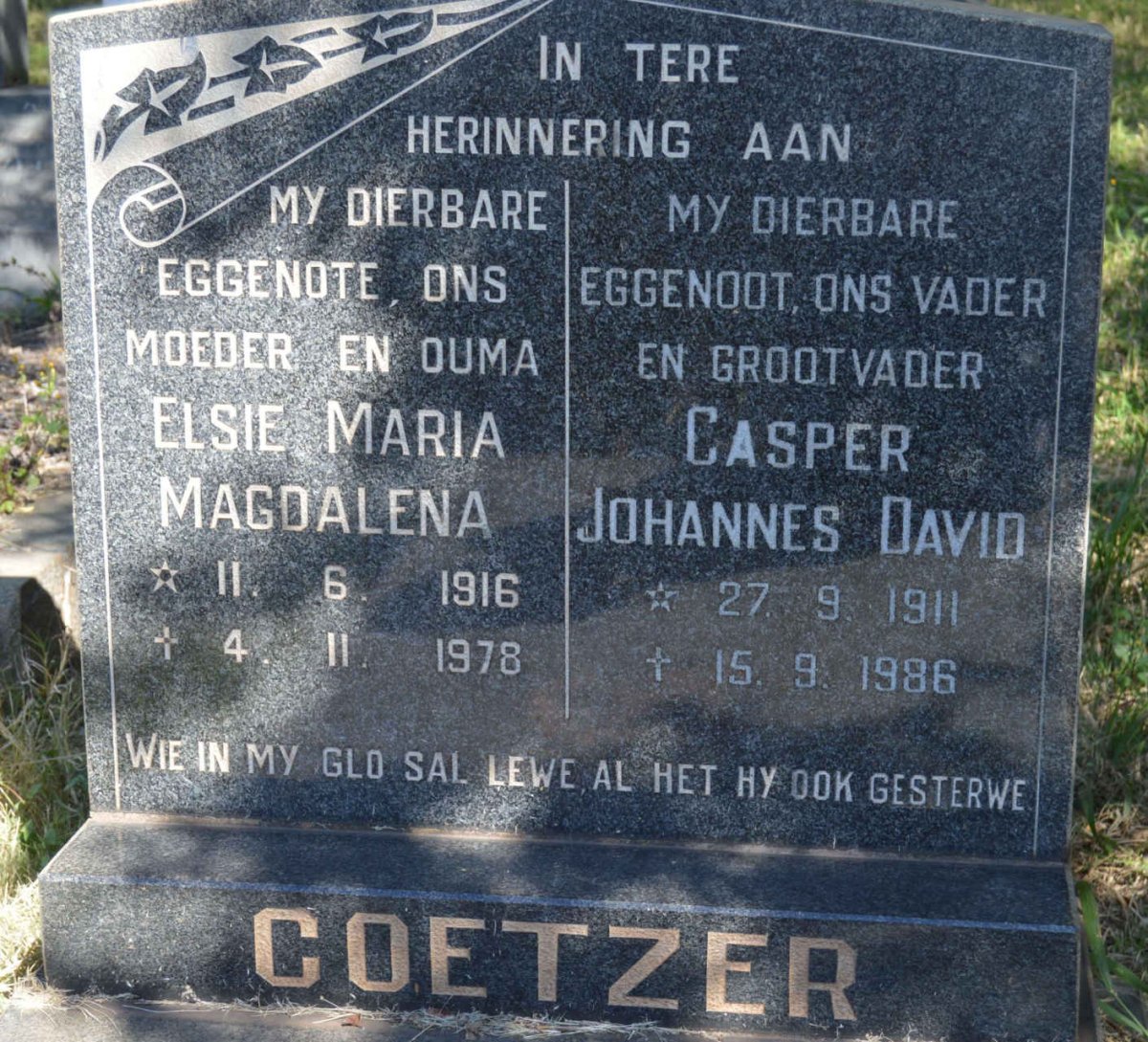 COETZER Casper Johannes David 1911-1986 &amp; Elsie Maria Magdalena 1916-1978