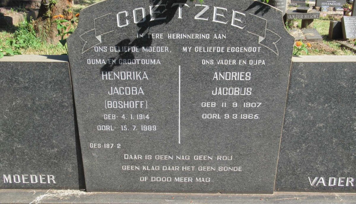 COETZEE Andries Jacobus 1907-1965 &amp; Hendrika Jacoba BOSHOFF 1914-1989