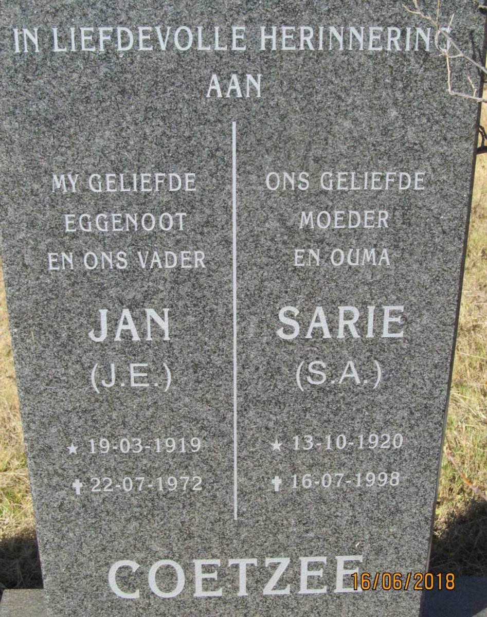 COETZEE Jan J.E. 1919-1972 &amp; Sarie S.A. 1920-1998