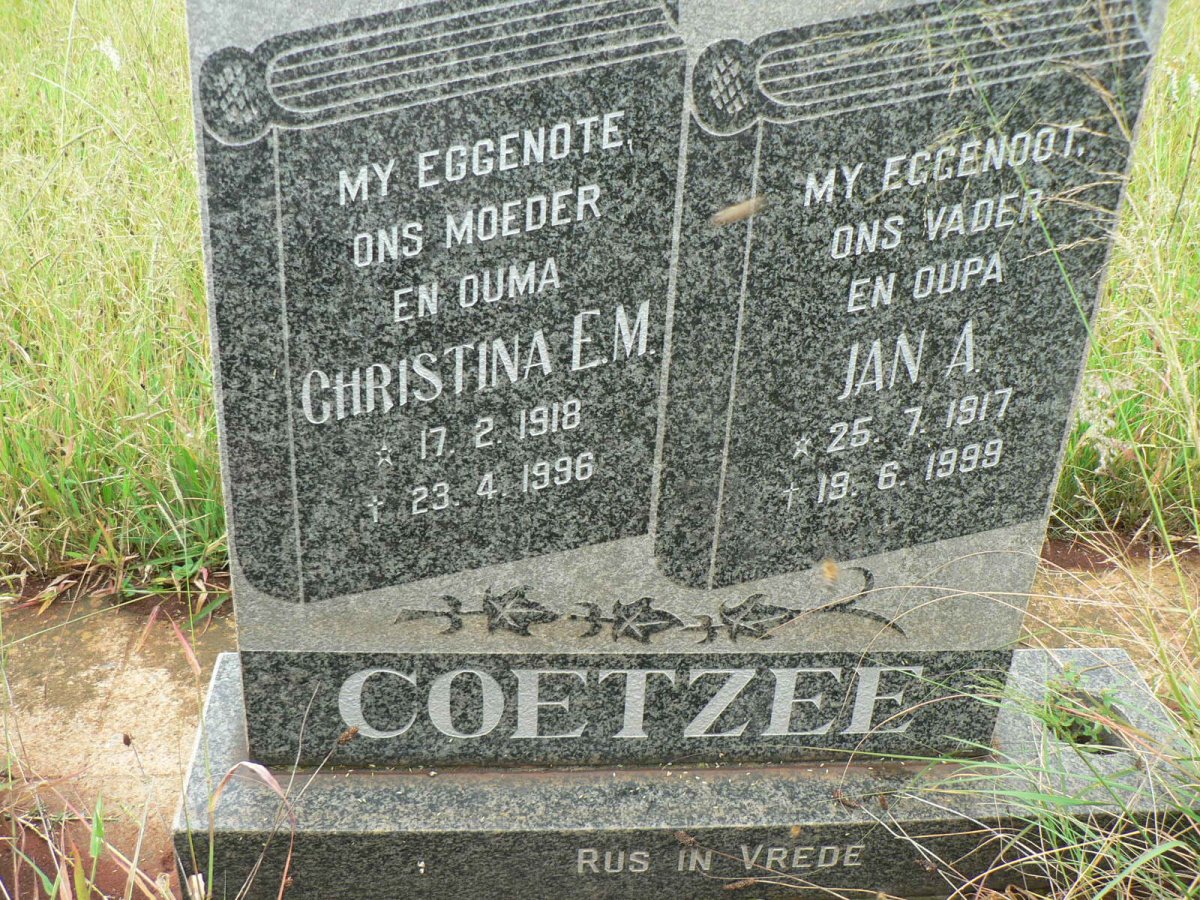 COETZEE Jan A. 1917-1999 &amp; Christina E.M. 1918-1996