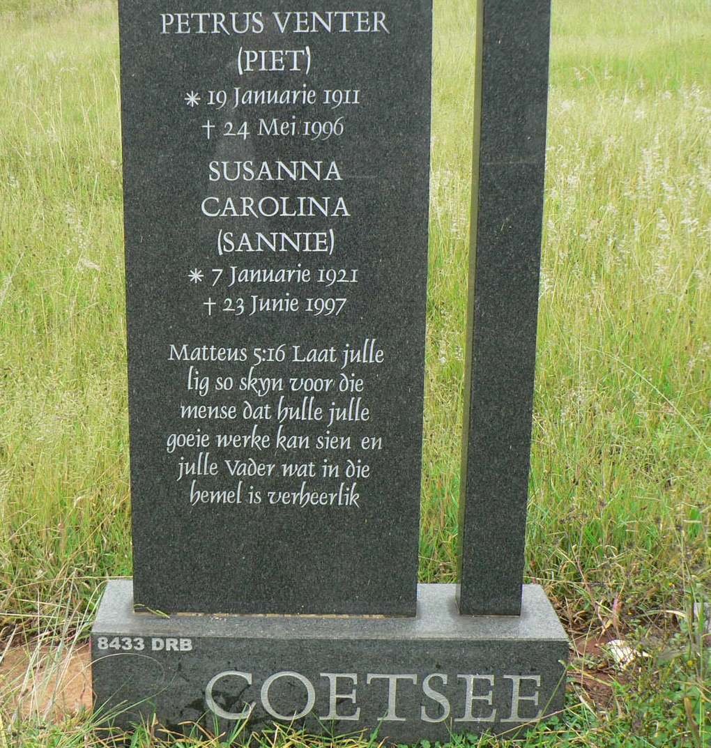 COETSEE Petrus Venter 1911-1996 &amp; Susanna Carolina 1921-1997