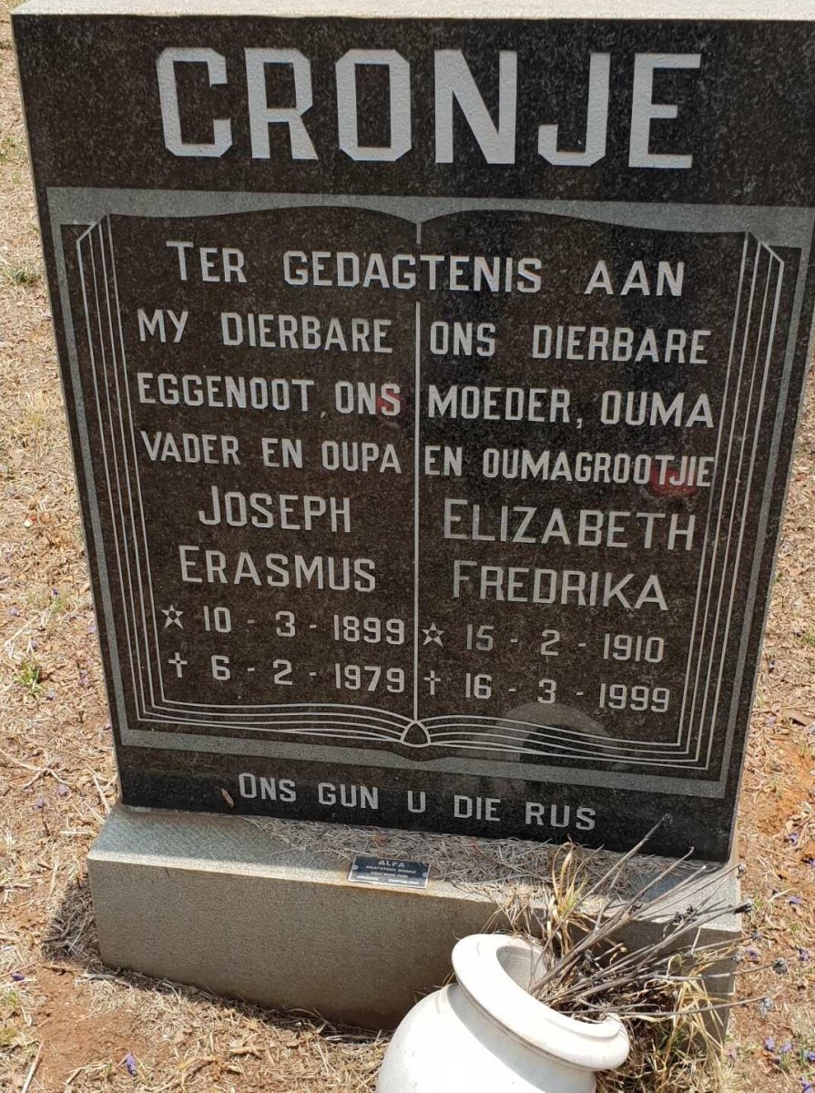 CRONJE Joseph Erasmus 1899-1979 &amp; Elizabeth Fredrika 1910-1999