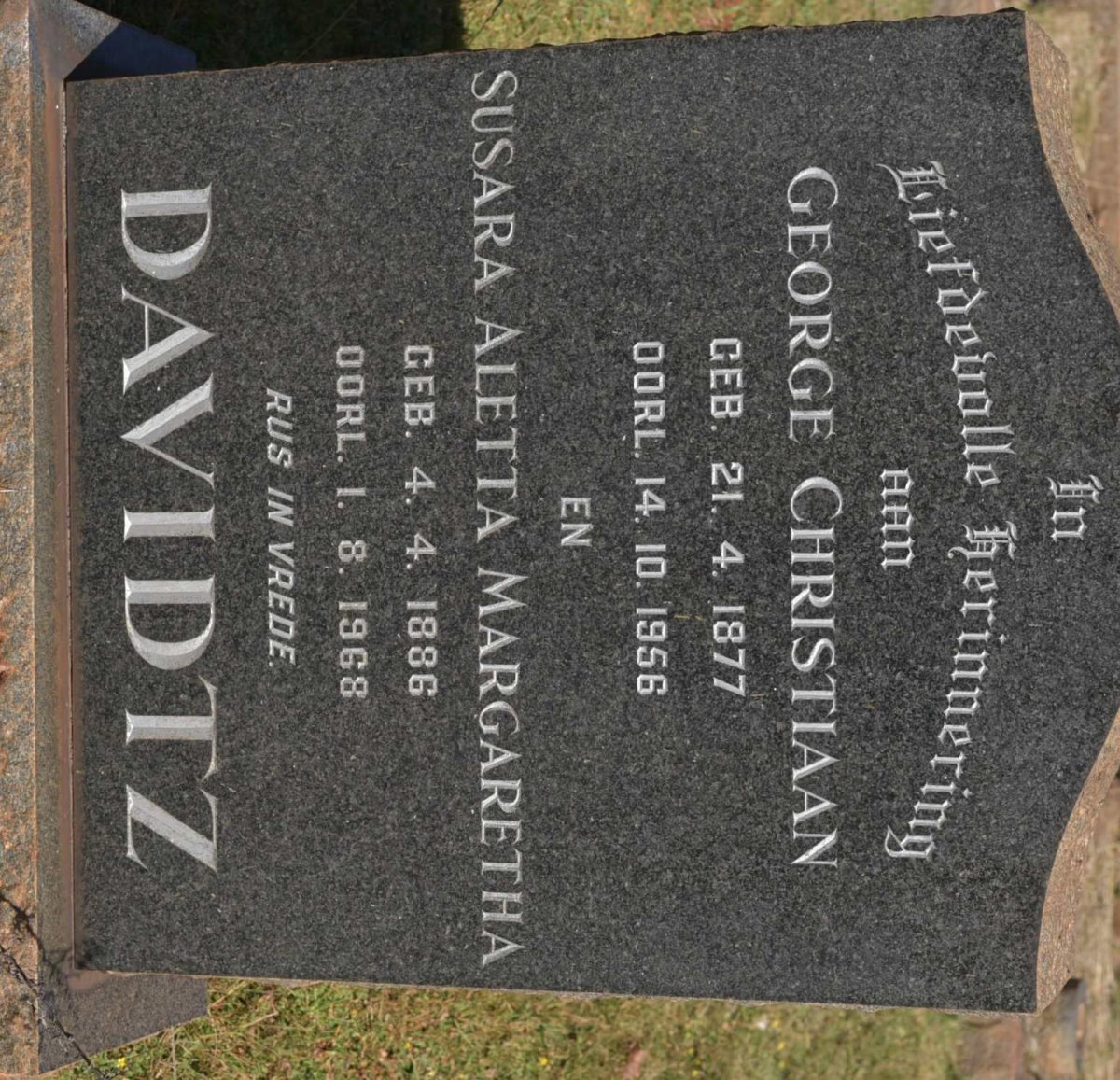 DAVIDTZ George Christiaan 1877-1956 &amp; Susara Aletta Margaretha 1886-1968