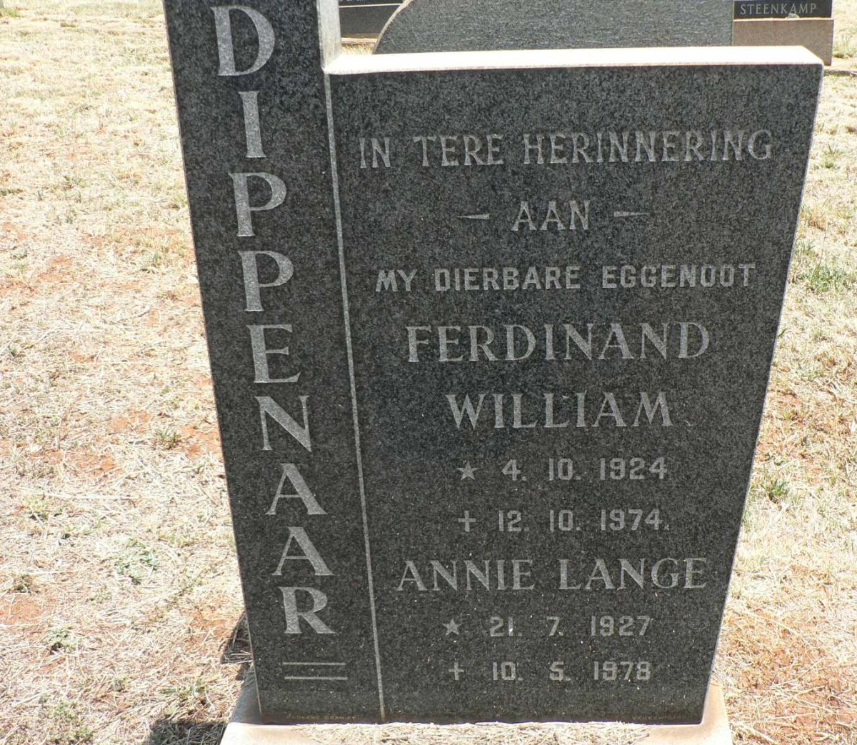 DIPPENAAR Ferdinand William 1924-1974 &amp; Annie Lange 1927-1978