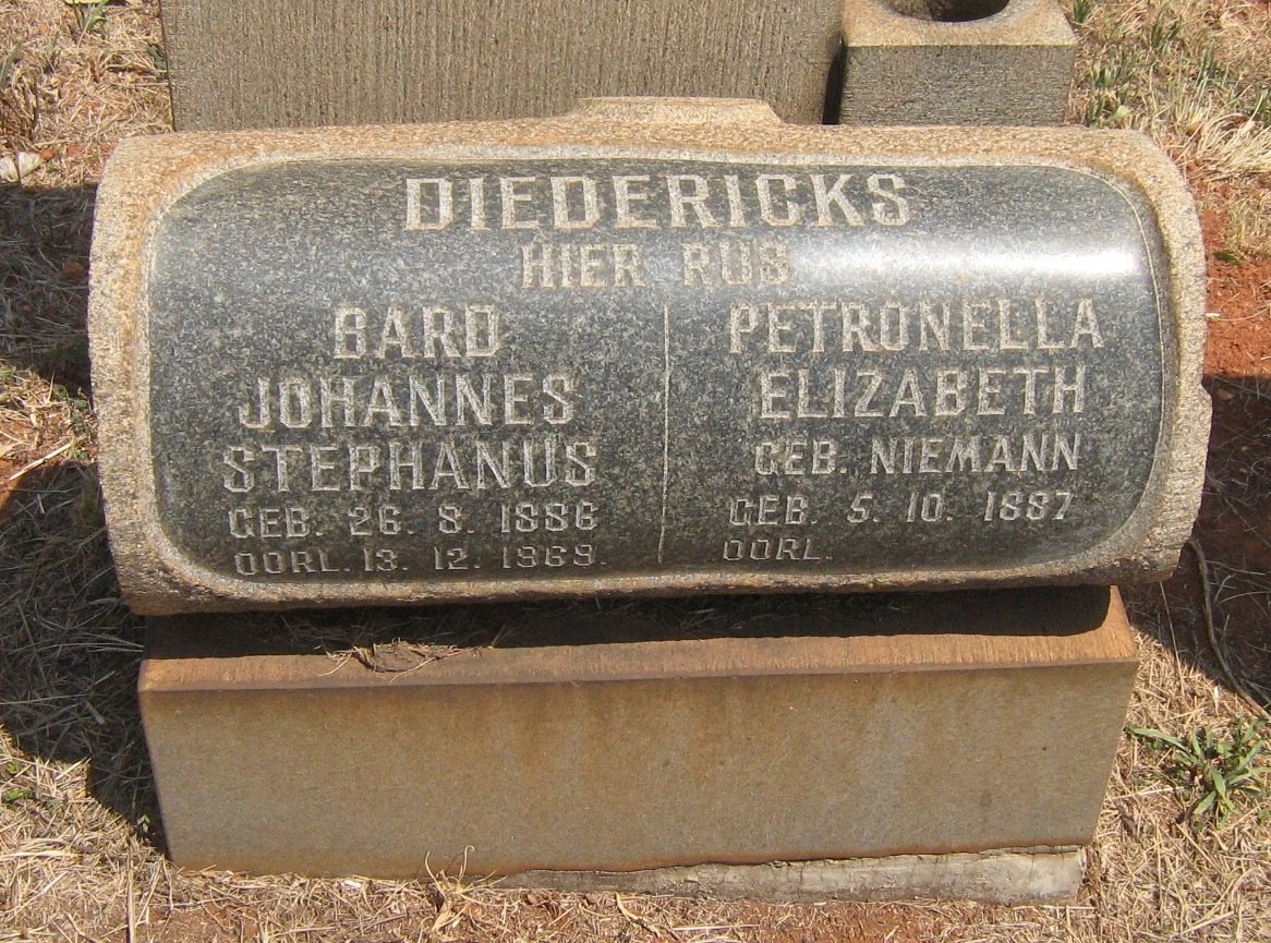 DIEDERICKS Bard Johannes Stephanus 1886-1969 &amp; Petronella Elizabeth NIEMANN 1887-