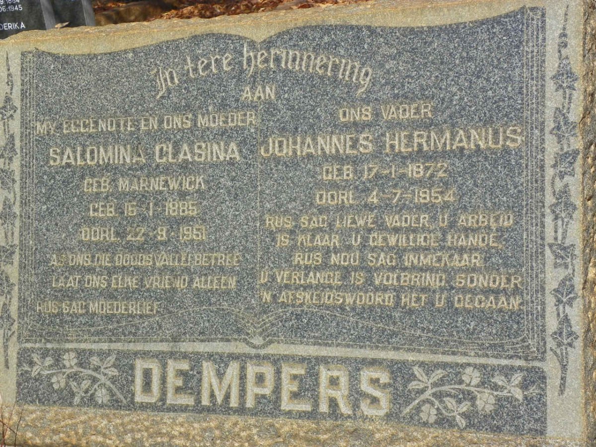 DEMPERS Johannes Hermanus 1872-1954 &amp; Salomina Clasina MARNEWICK 1885-1951