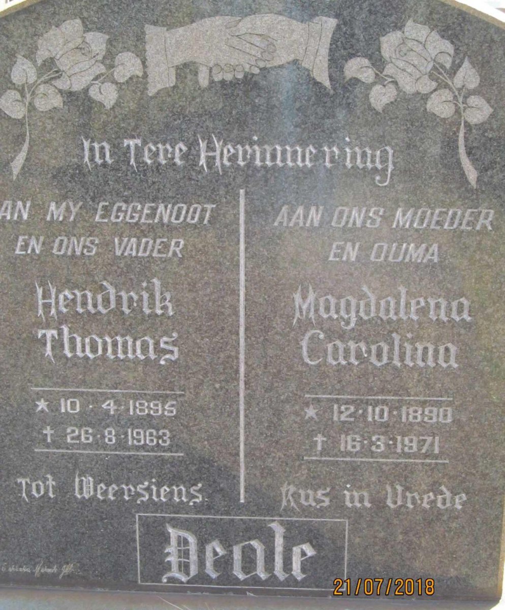 DEALE Hendrik Thomas 1895-1963 &amp; Magdalena Carolina 1890-1971