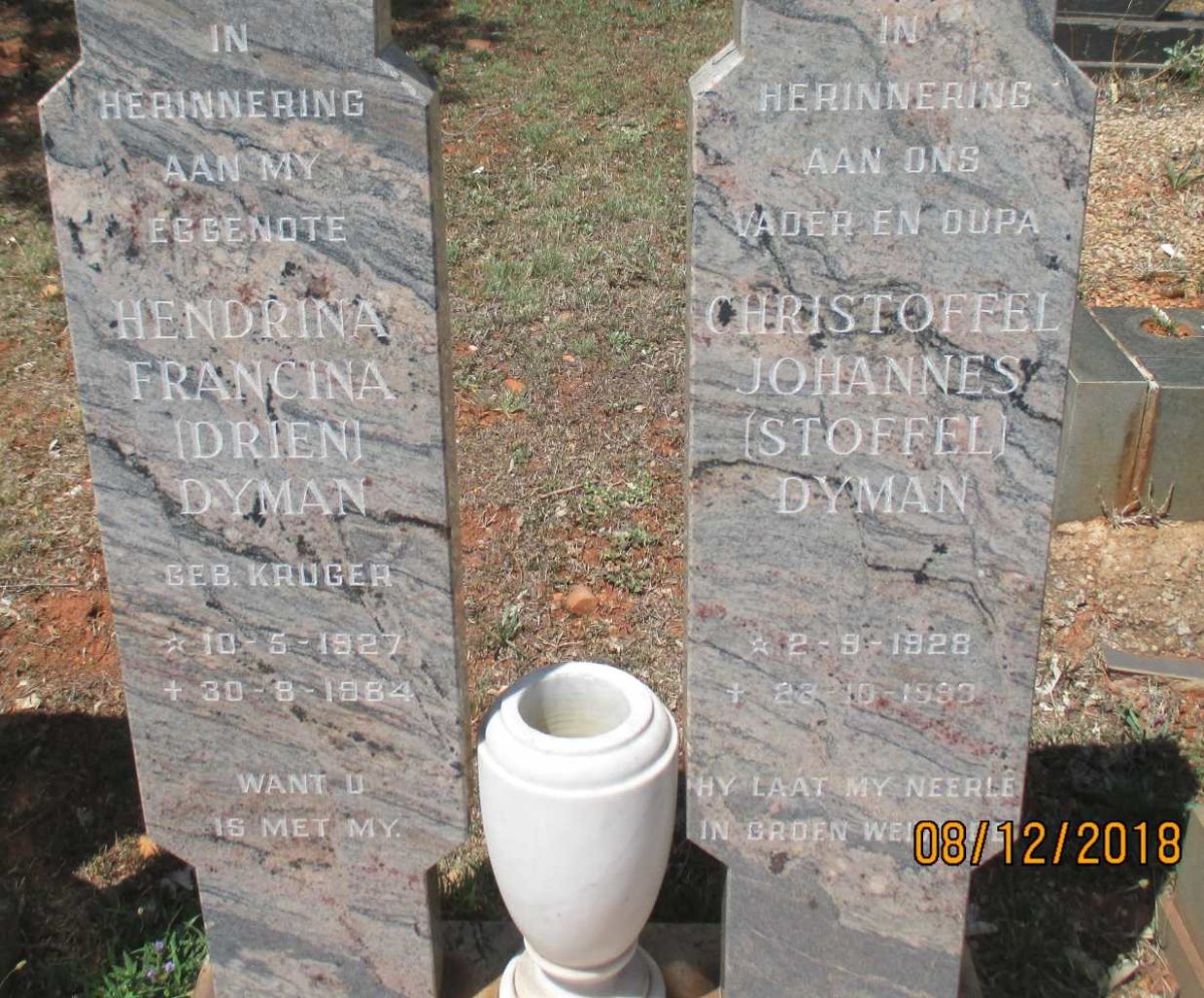 DYMAN Christoffel Johannes 1928-1993 &amp; Hendrina Francina KRUGER 1927-1984