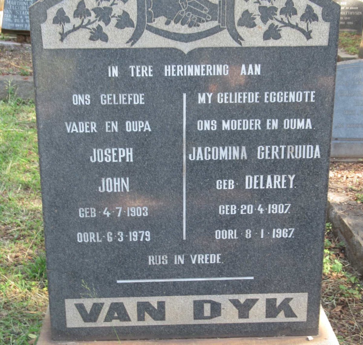DYK Joseph John, van 1903-1979 &amp; Jacomina Gertruida DELAREY 1907-1967