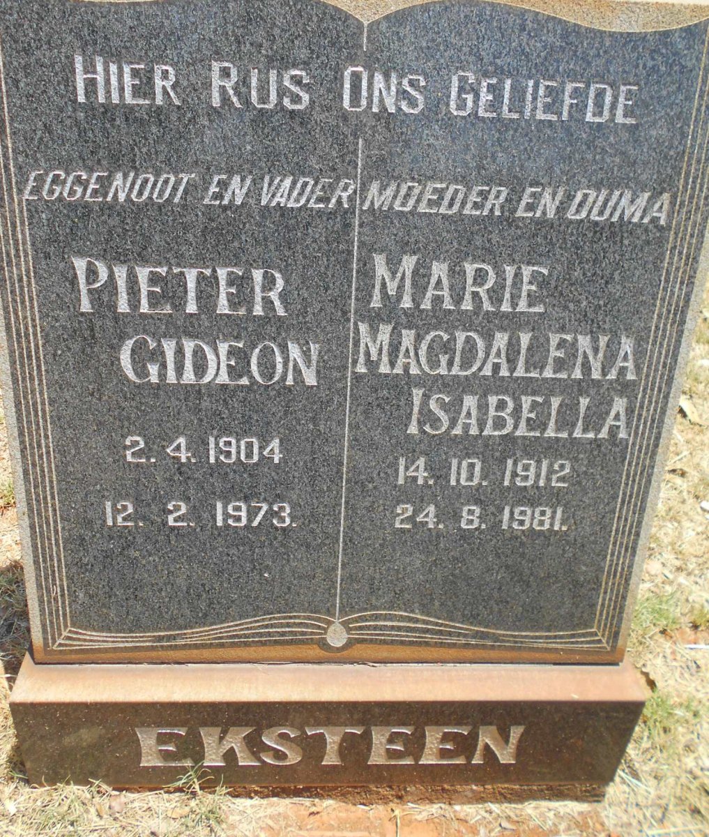 EKSTEEN Pieter Gideon 1904-1973 &amp; Marie Magdalena Isabella 1912-1981