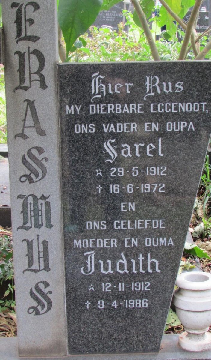 ERASMUS Sarel 1912-1972 &amp; Judith 1912-1986