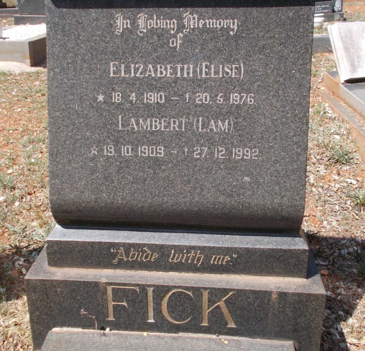 FICK Lambert 1909-1992 &amp; Elizabeth 1910-1976