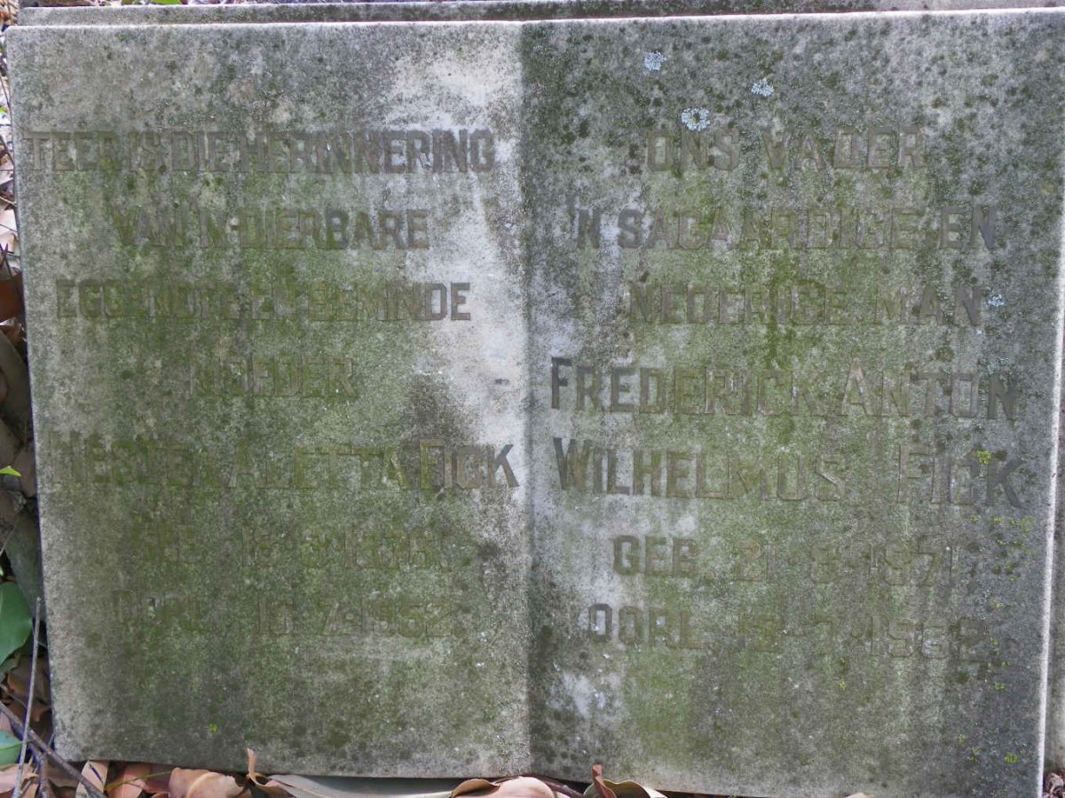 FICK Frederick Anton Wilhelmus 1871-1962 &amp; Hester Aletta 1876-1952