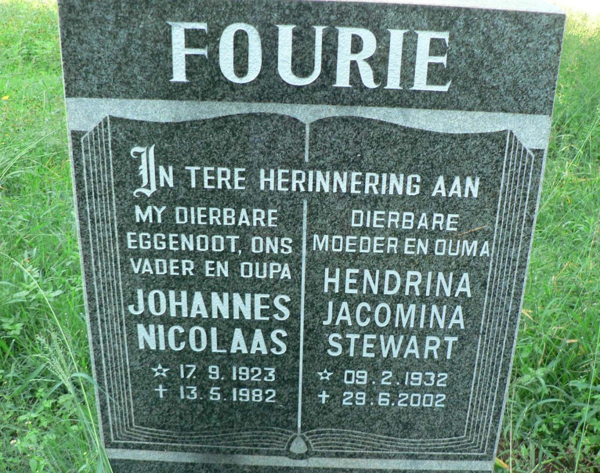 FOURIE Johannes Nicolaas 1923-1982 &amp; Hendrina Jacomina Stewart 1932-2002