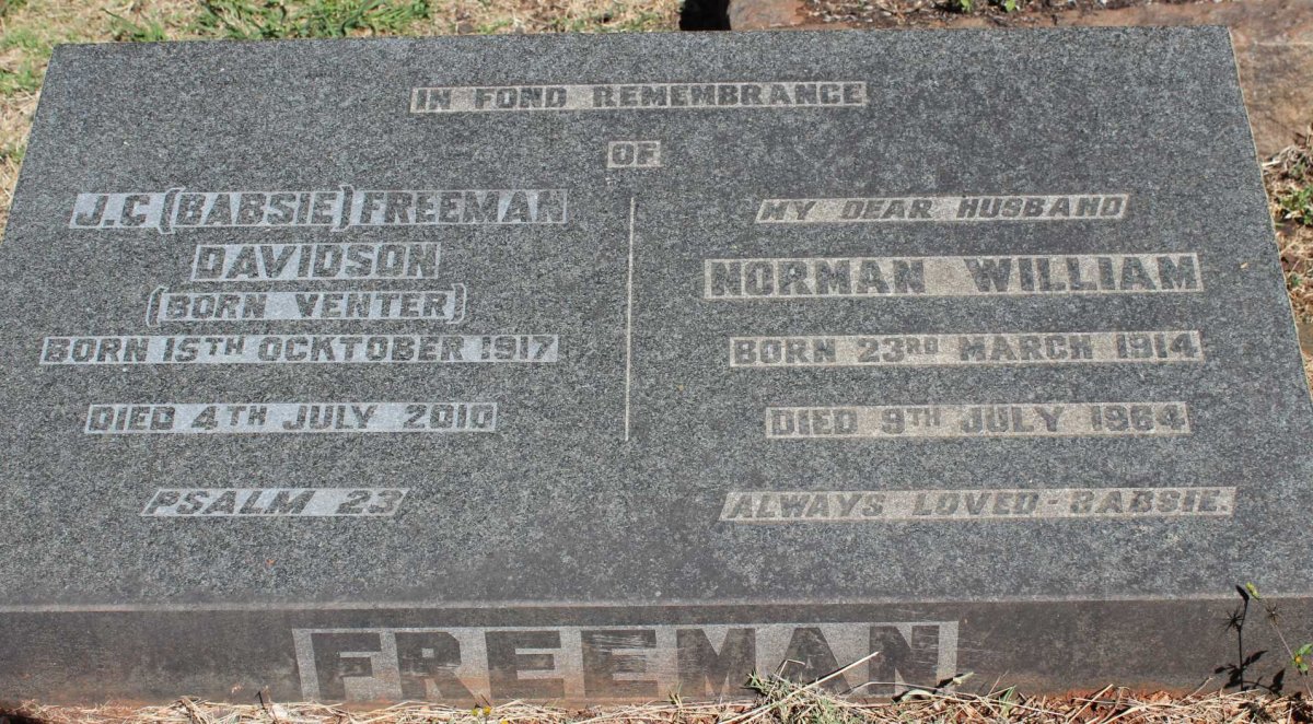 FREEMAN Norman William 1914-1964 &amp; J.C. DAVIDSON nee VENTER 1917-2010