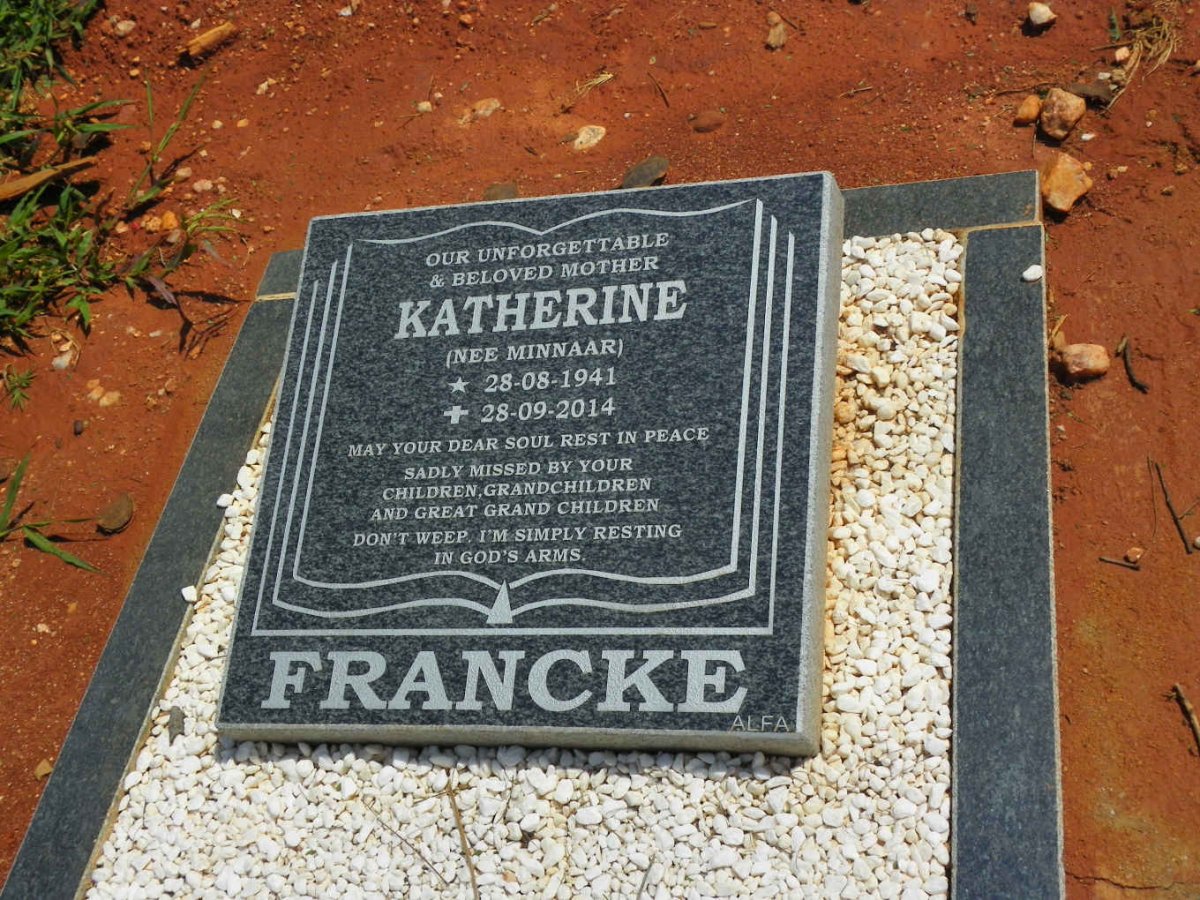 FRANCKE Katherine nee MINNAAR 1941-2014