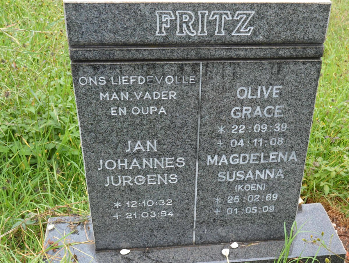 FRITZ Jan Johannes Jurgens 1932-1994 &amp; Olive Grace 1939-2008 :: FRITZ Magdalena Susanna, KOEN 1969-2009