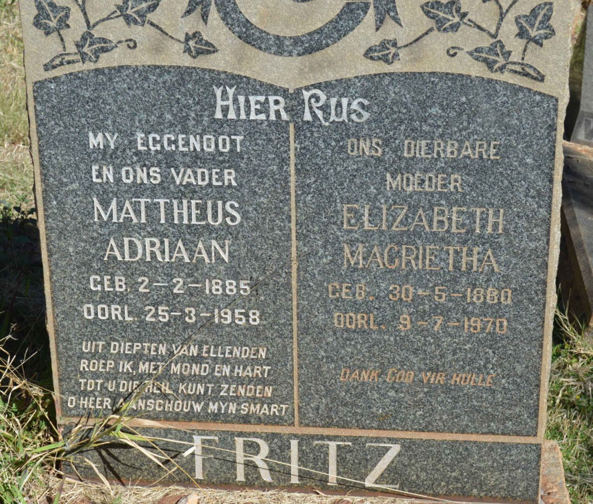 FRITZ Mattheus Adriaan 1885-1958 &amp; Elizabeth Magrietha 1880-1970