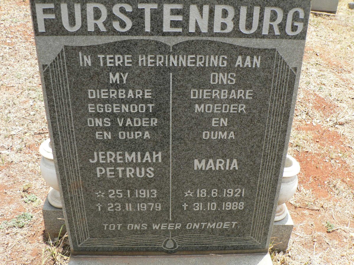 FURSTENBURG Jeremiah Petrus 1913-1979 &amp; Maria 1921-1988